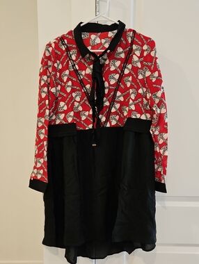 NWOT 100% Silk Red and Black Long-Sleeve Dress with Tie Neck